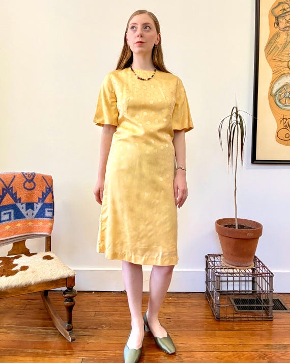 Vintage 1960s Golden Silk Abstract Dot Brocade Shift Dress Enid | small