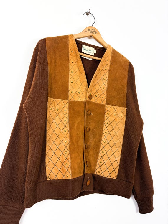 Vintage 1960s Studded Suede Leather Orlon Cardigan Sweater | medium