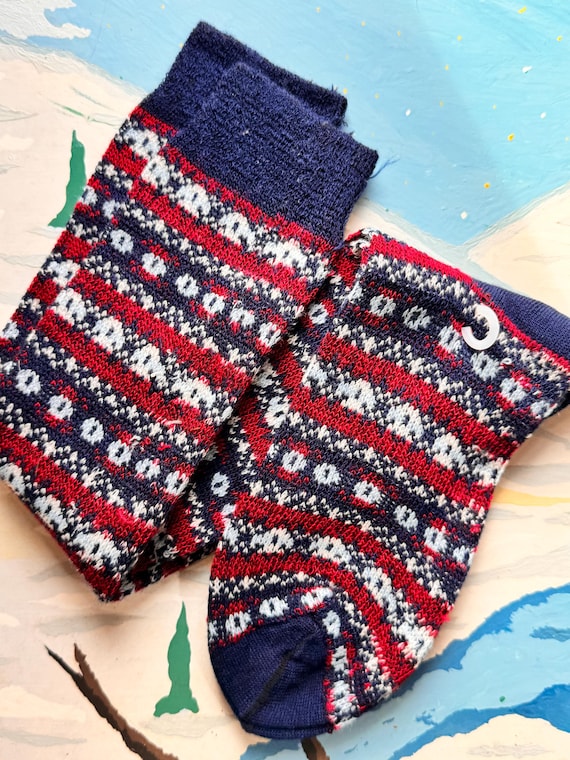 Vintage 1980s Fair Isle Knee High Socks made in USA | maroon navy