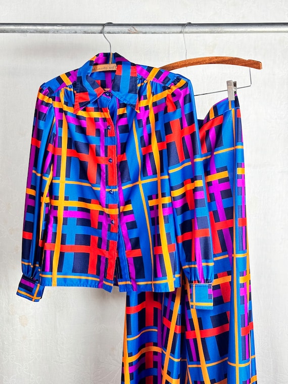 Vintage 1970s Palazzo Pant Polyester Shirt 2 Piece Set
