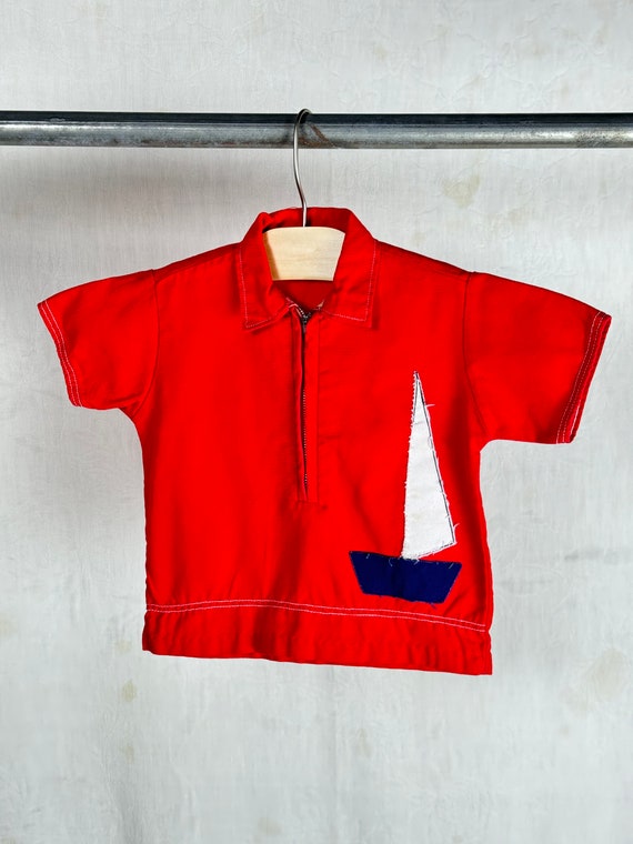 Vintage 1950s 60s Childrens Sailboat Zip Popover Shirt