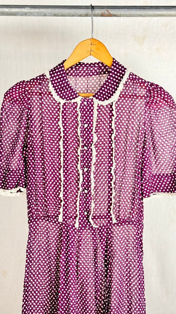 Vintage 1930s 40s Sheer Polka Dot Lace Collared Day Dress