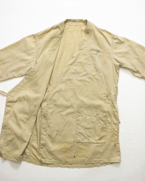 Butcher Wrap - 1930s 40s Collarless Linen Lab Coat