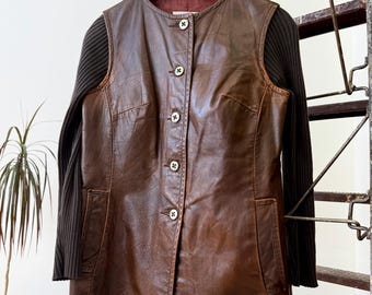 Vintage 1960s Rib Knit Sleeve Collarless Shell Mod Leather Jacket | small