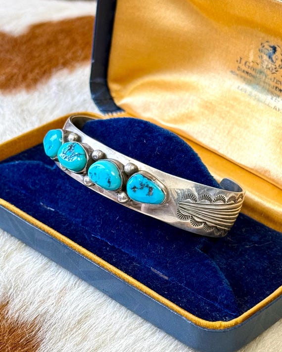 Vintage Navajo Turquoise Four Stone Sterling Silver Cuff Bracelet Signed JN