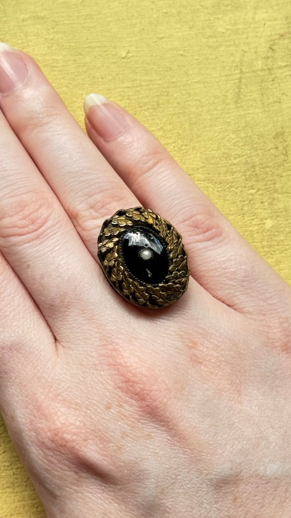 Vintage Victorian Onyx Glass Cocktail Ring Adjustable