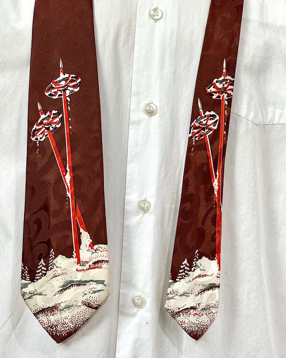 Vintage 1950s Winter Wonderland Ski Slope Satin Acetate Printed Necktie