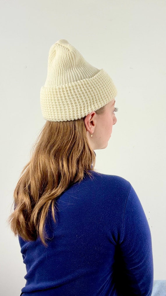 Vintage 1970s Waffle Knit Cap made in USA | cream frosting
