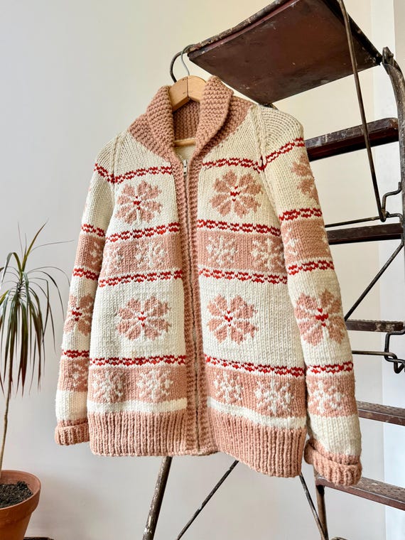 Vintage 1960s Desert Flower Hand Knit Cowichan Sweater | medium