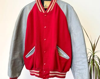 Vintage 1970s Red Wool Gray Leather Letterman Varsity Jacket | 42 large