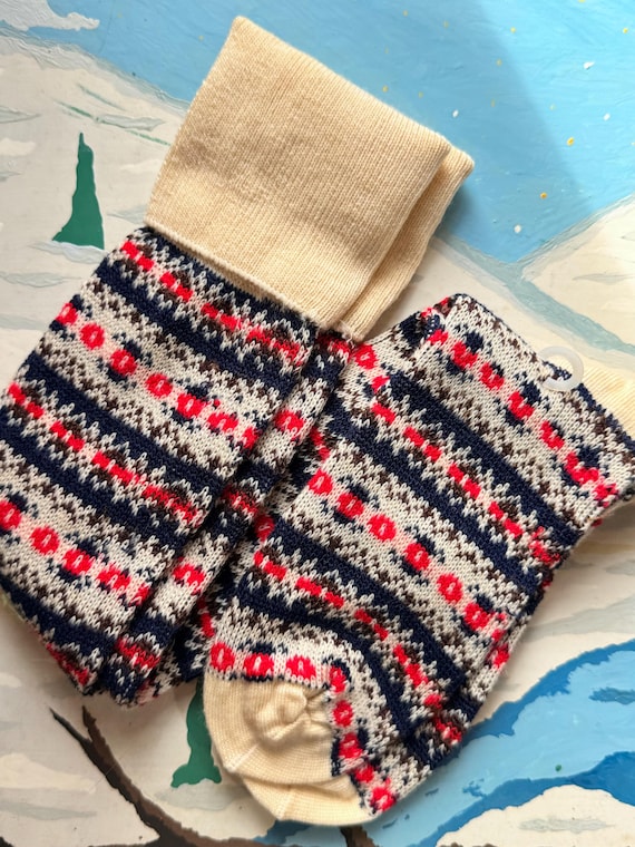 Vintage 1980s Fair Isle Knee High Socks made in USA | cream navy