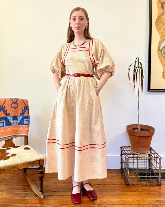 Vintage 1970s Red Pinstripe Natural Canvas Day Dress Albert Nipon | medium