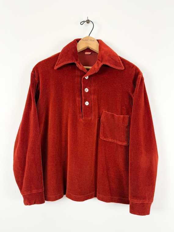 Vintage 1960s Rust Velour Long Sleeve Cropped Polo Shirt | small