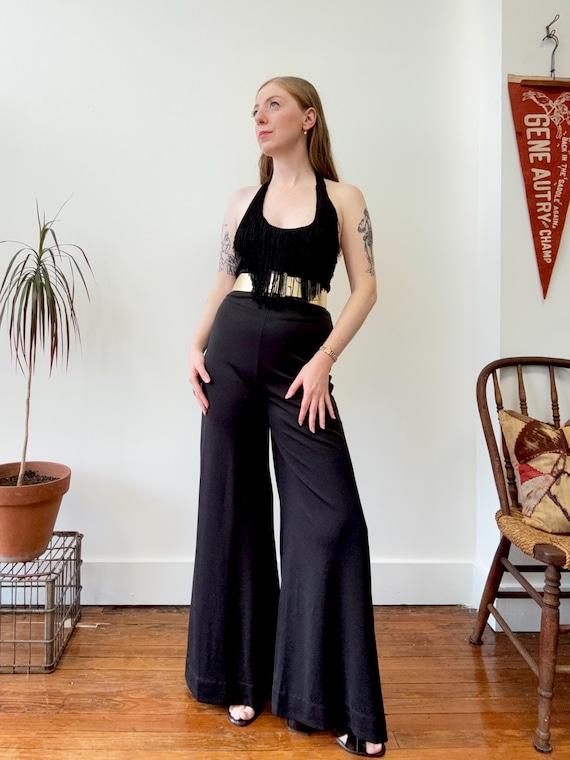Vintage 1970s Fringe Halter Top Black Wide Leg Jumpsuit | xsmall small