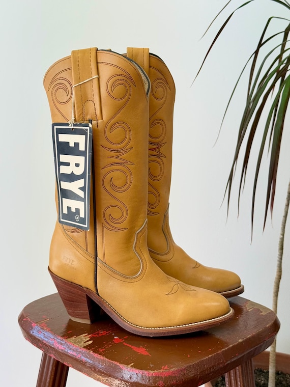 Vintage 1970s Frye Embroidered Banana Leather Cowgirl Boots Deadstock | womens juniors 5.5