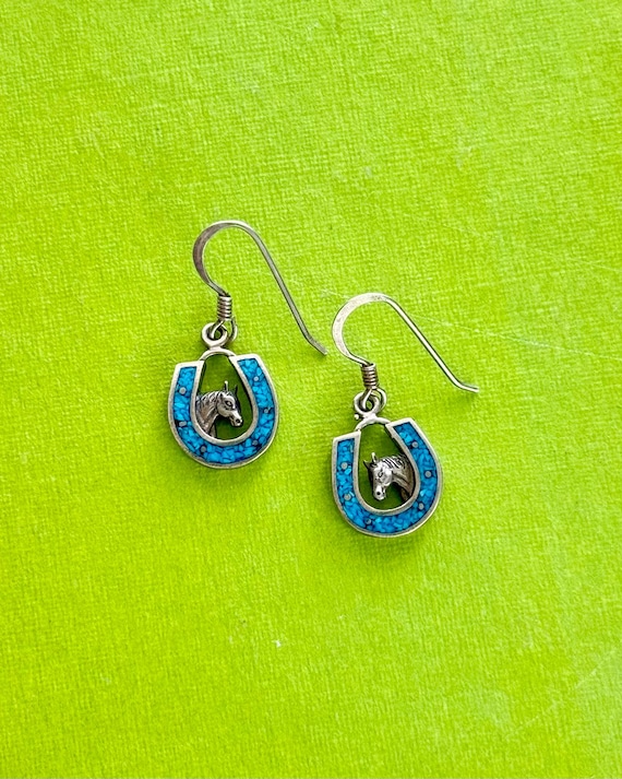 Vintage Horseshoe Crushed Turquoise Sterling Silver Dangle Earrings