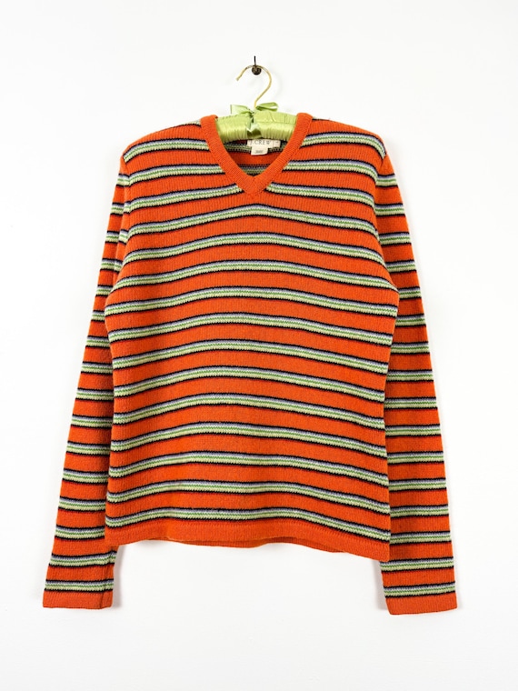 Vintage 1990s J Crew Stripe V Neck Wool Knit Sweater | large