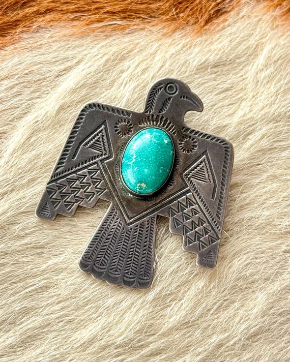Vintage 1940s Fred Harvey Thunderbird Sterling Silver Turquoise Native American Pin Brooch