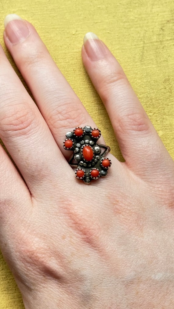 Vintage Coral Sterling Silver Southwestern Statement Ring 5