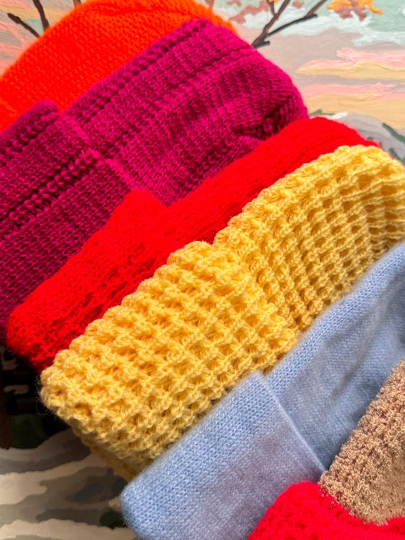 Vintage Bright Color Solid Knit Cap made in USA | safety orange | periwinkle | cherry red | magenta