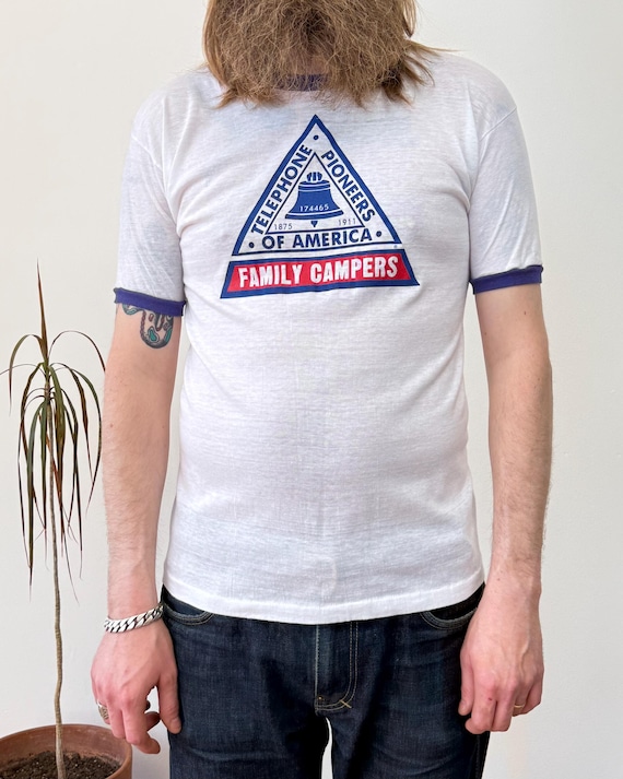 Vintage 1970s Blue Bell Camp Telephone Graphic Ringer T Shirt | xlarge