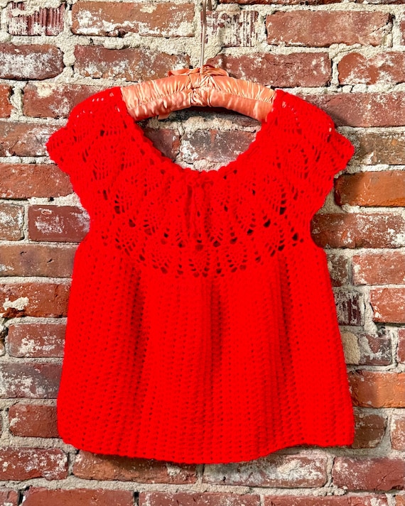 Vintage Hand Crochet Candy Apple Red Cotton Smock Blouse | one size