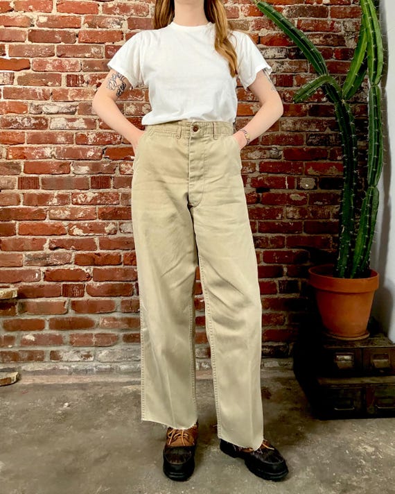 Vintage 1950s Twill Chino US Military Khaki Button Fly Trousers | 31 32 waist