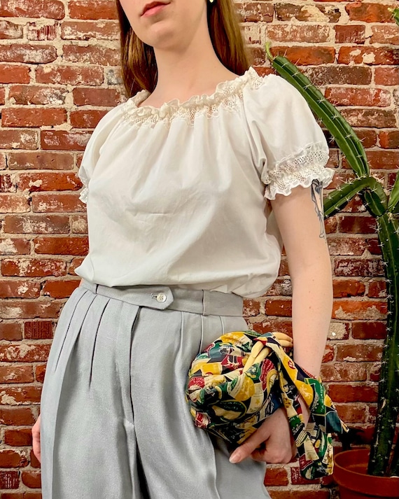 Vintage 1960s White Cotton Puff Sleeve Peasant Blouse | small medium