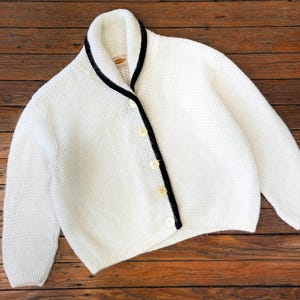 Vintage 1960s Fuzzy Herringbone Knit Monochrome Orlon Cardigan Sweater