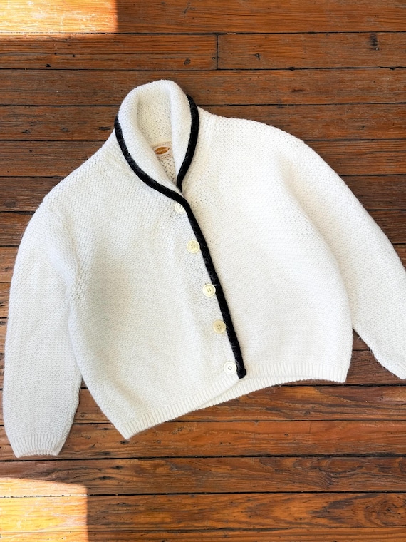 Vintage 1960s Fuzzy Herringbone Knit Monochrome Orlon Cardigan Sweater