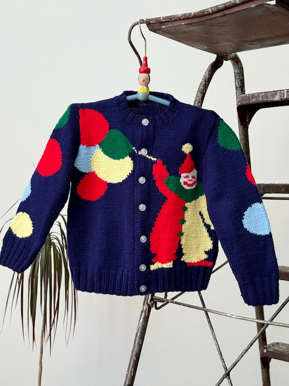 Vintage 1960s Hand Knit Clown Cardigan Sweater | childrens small