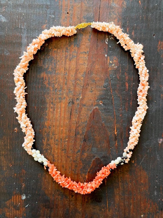 Vintage Angel Skin Coral Beaded Twisted Three Strand Necklace