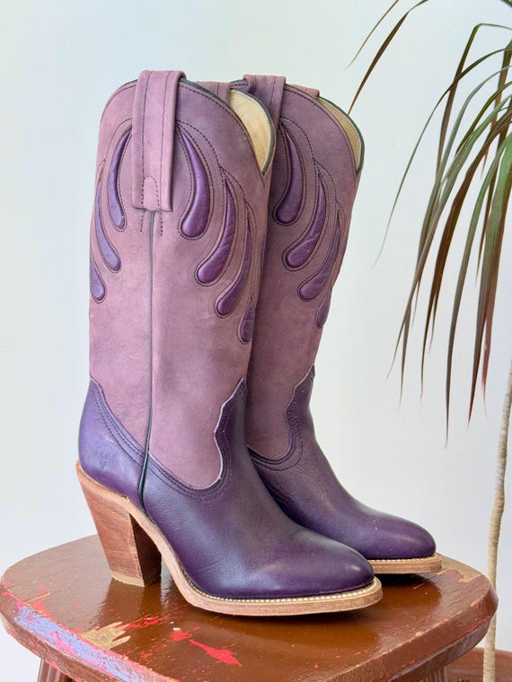 Vintage 1970s Frye Purple Bearclaw Inlay Leather Cowgirl Boots Deadstock | womens juniors 4