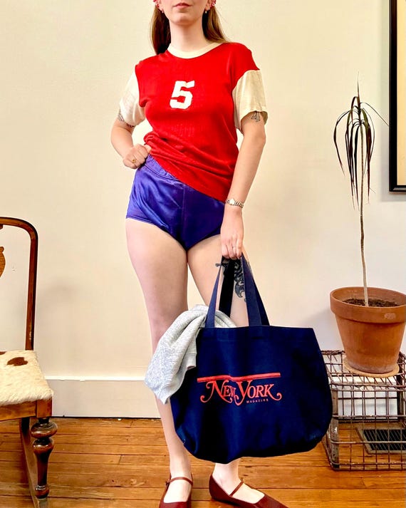 Vintage 1960s Number 5 Red White Rayon Knit Athletic Jersey T Shirt | small