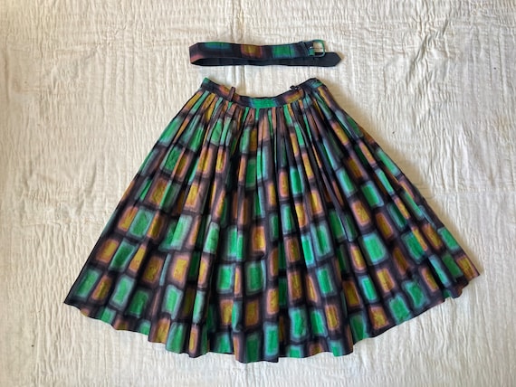 1950s Rainbow Watercolor Print Skirt with Belt - image 1