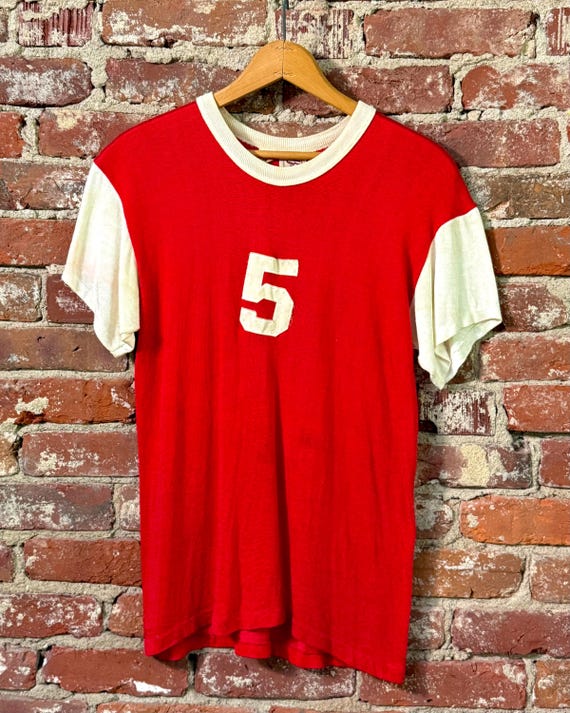 Vintage 1960s Number 5 Red White Rayon Knit Athletic Jersey T Shirt | small