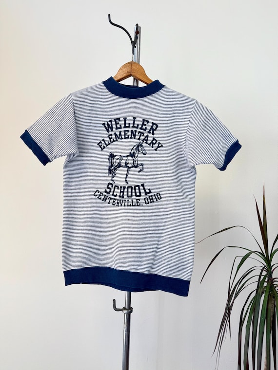 Vintage 1970s Flocked Horse Mascot Ohio Elementary Striped Short Sleeve Sweatshirt | xsmall