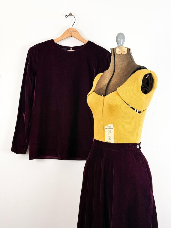 Vintage 1980s Ralph Lauren Wine Velvet Dress Blouse Skirt Set | xsmall
