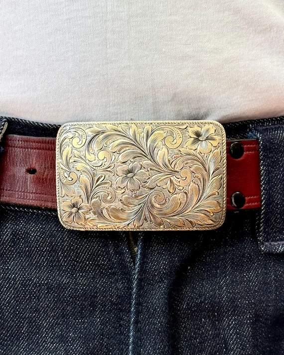 Vintage 1960s Sterling Silver 22k Gold Crumrine Floral Filigree Western Belt Buckle