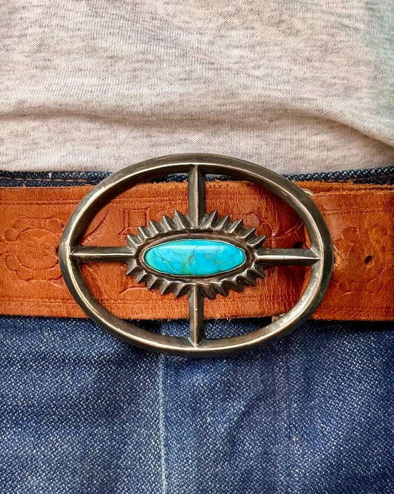 Vintage Turquoise Silver Sandcast Navajo Belt Buckle