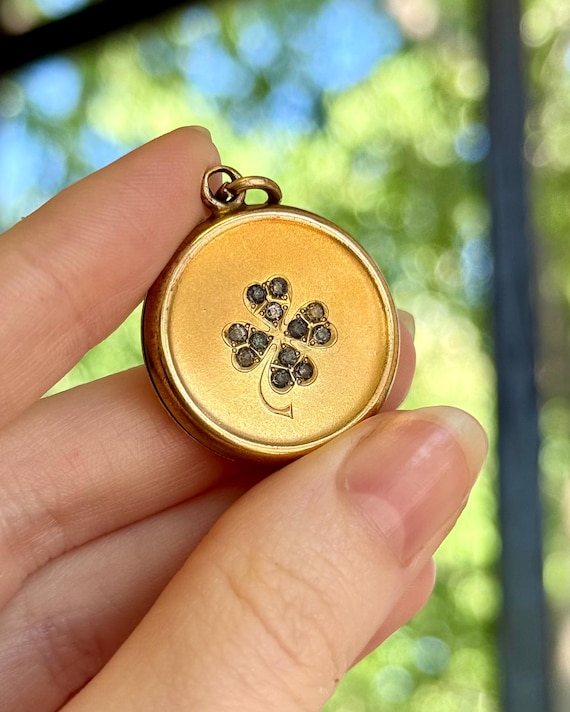 Antique Victorian Gold Filled Lucky Clover Paste Locket Pendant