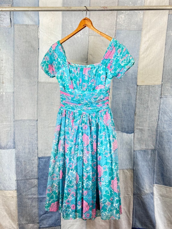 1960s Jonathan Logan Floral Chiffon Fit n Flare Party Dress