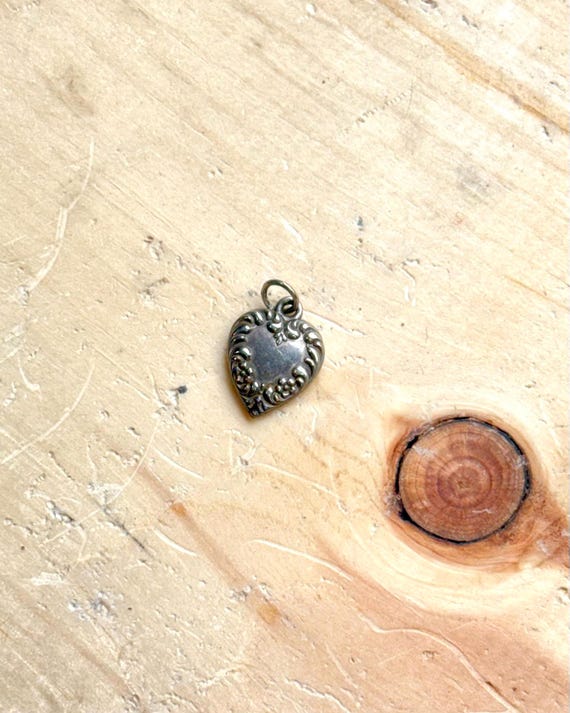 Vintage 1940s Puffy Heart Ornate Flower Border Engraved Sterling Silver Charm | NWH Monogram