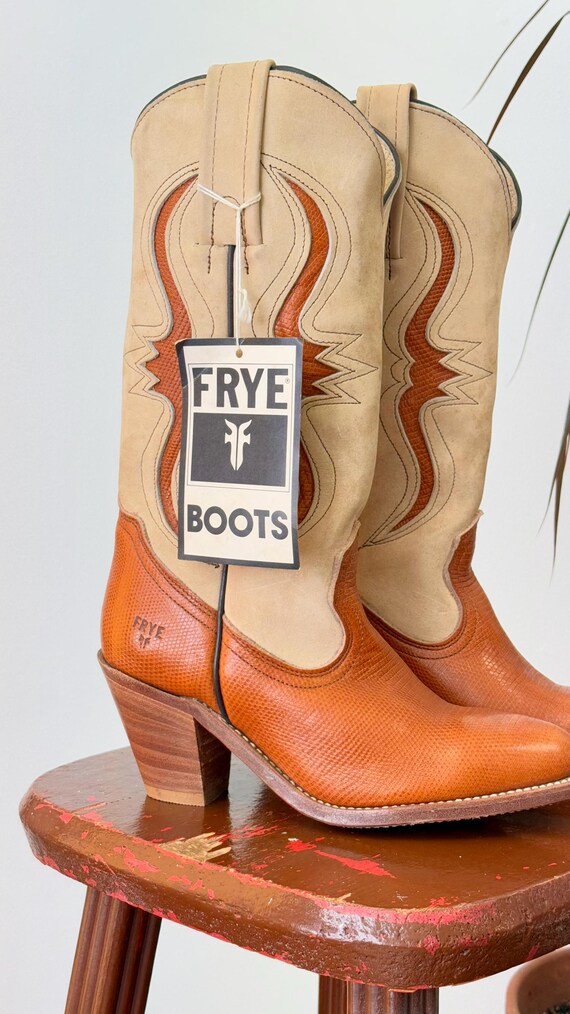 Vintage 1970s Frye Rust Longhorn Inlay Leather Cowgirl Boots  display picture 2