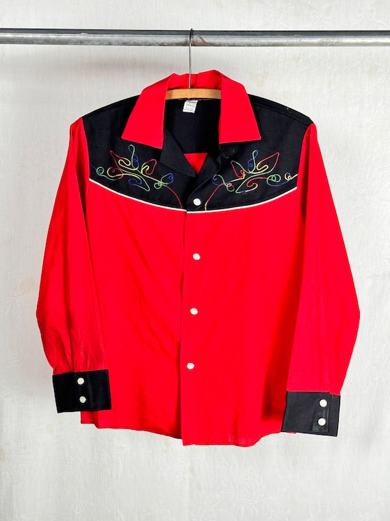 Vintage 1950s 60s Childrens Chainstitch Snap Loop Collar Western Shirt