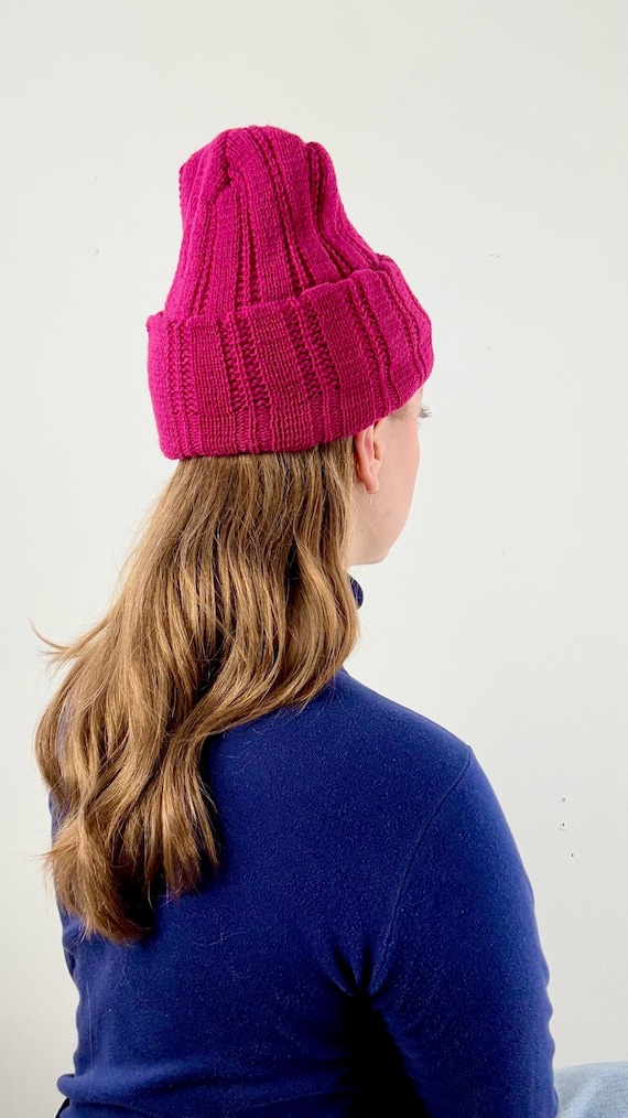 Vintage 1970s Chunky Rib Knit Cap made in USA | magenta pink
