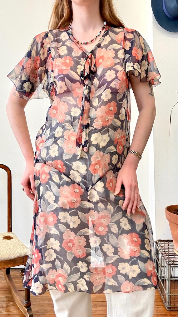 Antique 1920s Sheer Drop Waist Floral Crepe Silk Dress | small