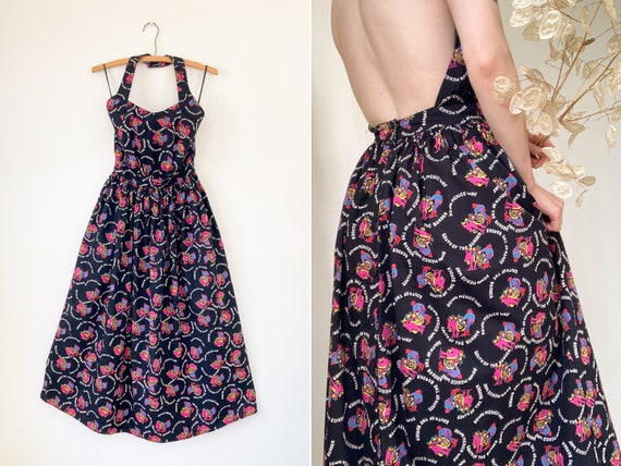 Eileen West halter dress | 80s Eileen West | 80s backless dress | printed vintage sundress | 50s style novelty print dress