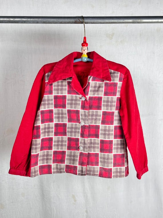 Vintage 1950s Childrens Flannel Plaid Loop Collar Shirt Blouse