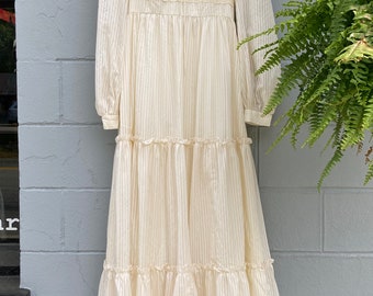 Vintage 1970s Corset Striped Chiffon Prairie Dress